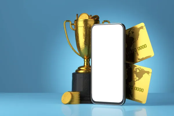 青の背景に白い画面でスマートフォンのモカパ オンライン勝利の概念 3Dレンダリング — ストック写真
