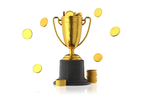 Gouden Beker Met Munten Winnaar Cup Succesvolle Handel Cryptobier Win — Stockfoto
