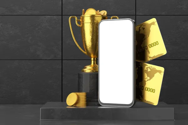 Chytrý Telefon Pro Vaši Aplikaci Nebo Syata Smafrtphone Zlatými Poháry — Stock fotografie