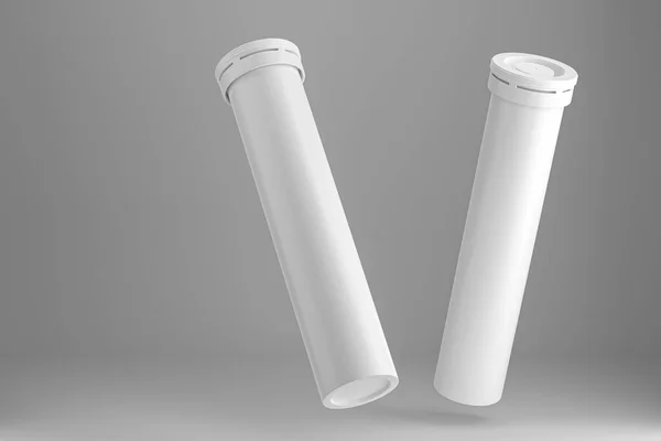 两个圆形的管状包装维生素 阿司匹林 发泡的药物灰色背景 3D渲染 — 图库照片