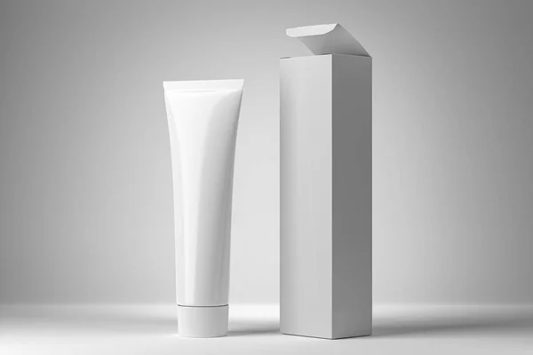 用纸盒包装的塑料牙膏管的软垫 3D渲染 — 图库照片