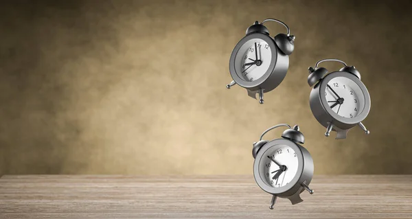 Free Space Your Design Gray Alarm Clocks Wooden Background Render — Fotografia de Stock