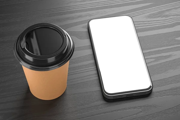 Mockup Smartphone Paper Cup Dark Wooden Background Render — Stockfoto