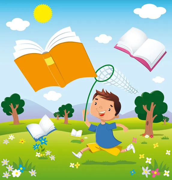 Child on the hunt for books — Stock Vector