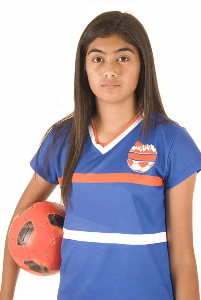 Polynesian girl holding soccer ball — Stock Photo, Image