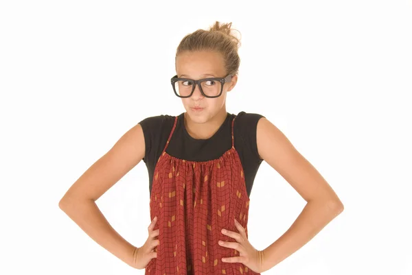 Dziewczyna w okularach modny czarny i czerwony i czarny top — Zdjęcie stockowe
