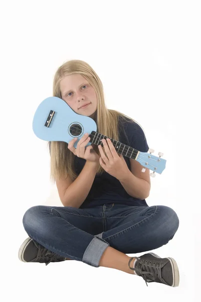 Blonde girl with ukulele — Stock Photo, Image