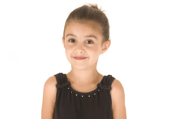 キラキラ光る目ソフトと黒のレオタードを着た若い女の子笑顔します。 — ストック写真
