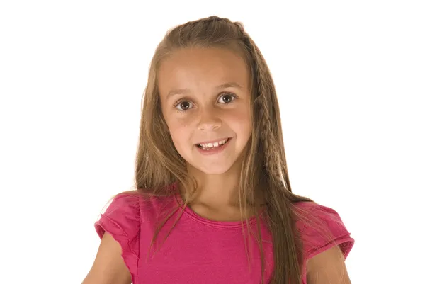 Beautiful young brunette girl in pink top smiling — Stock Photo, Image