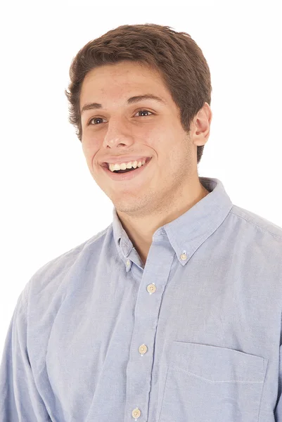 Lachende jonge man in een blauwe jurk shirt — Stockfoto