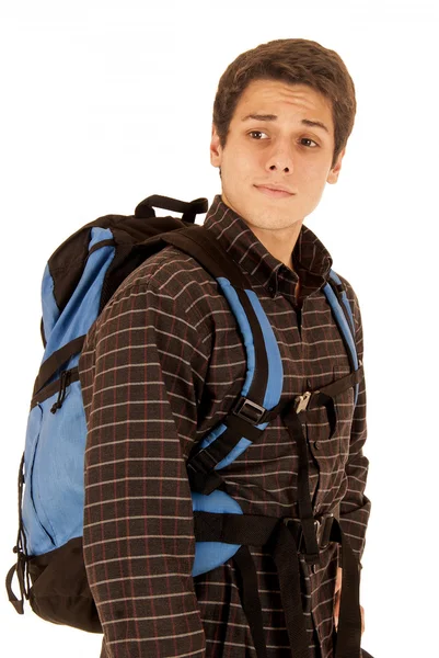 Attractive young man with blue packpack intense look — Stock Photo, Image