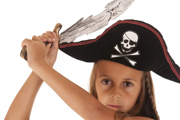 Bonito jovem morena menina no um piratas traje com um chapéu e sw — Fotografia de Stock