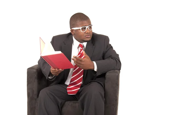 African American model in gray business suit interupted from his — Stock Photo, Image