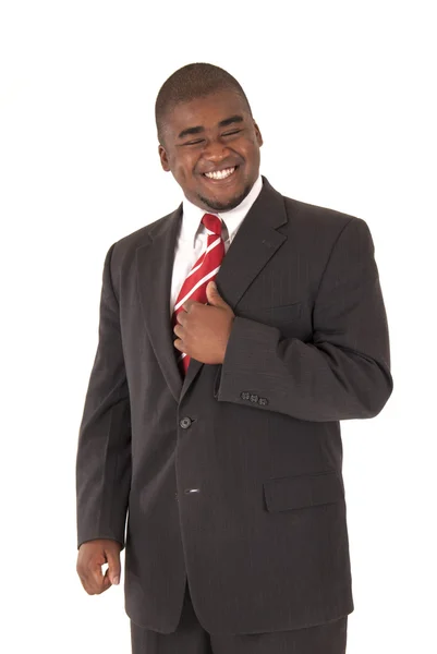 Black model in businessman in gray suit and red striped tie — Stock Photo, Image