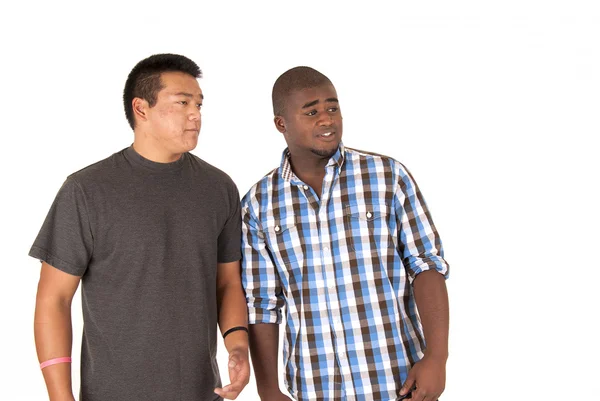 Black and Asian brothers looking off in the distance — Stock Photo, Image