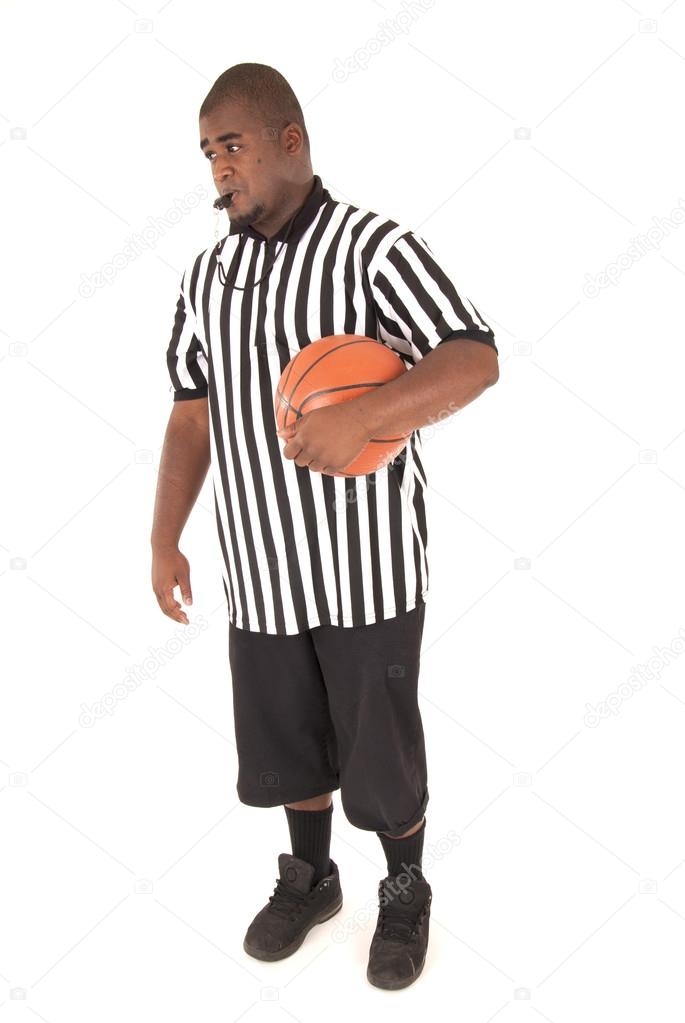 Black male model wearing a basketball referee uniform