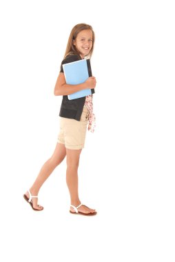 genç kadın modeli wlaking mavi okul kitap