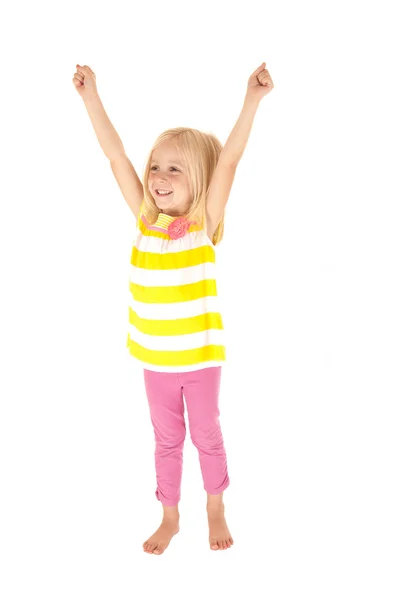 Jong meisje vieren verhogen armen in de lucht — Stockfoto