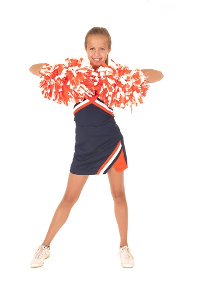 Unga gymnasiet cheerleader framifrån med pom poms — Stockfoto