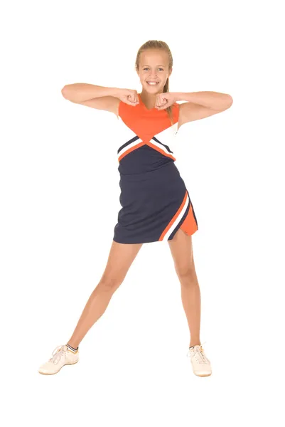 Young high school cheerleader cheering with no pom poms smiling — Stock Photo, Image