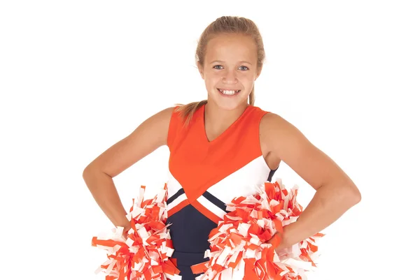 Unga gymnasiet cheerleader med pom poms från midjan upp — Stockfoto