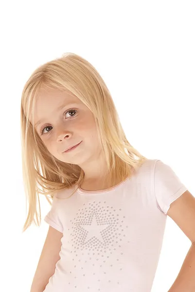 Innocenct blond preschool girl smiling looking at camera — Stock Photo, Image