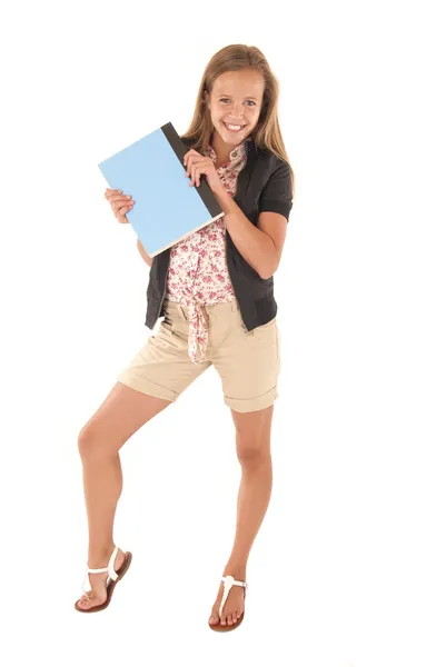 Joven estudiante de secundaria con gran sonrisa posando sosteniendo una b azul —  Fotos de Stock