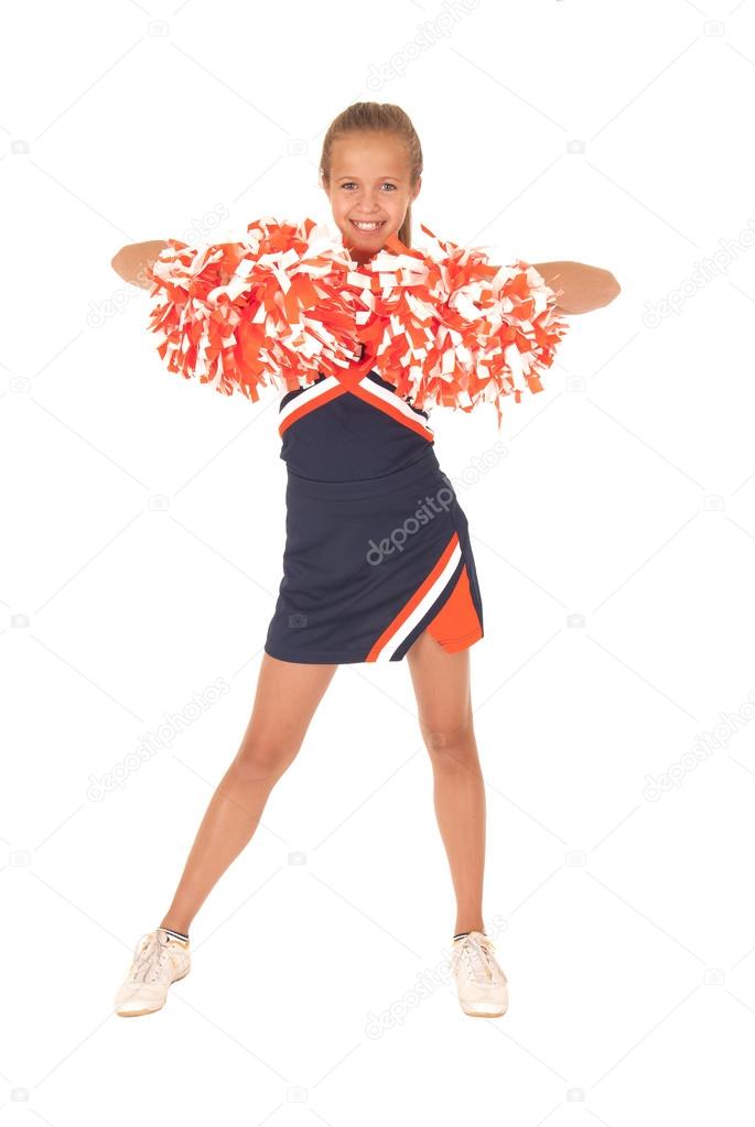 Young high school cheerleade front view with pom poms