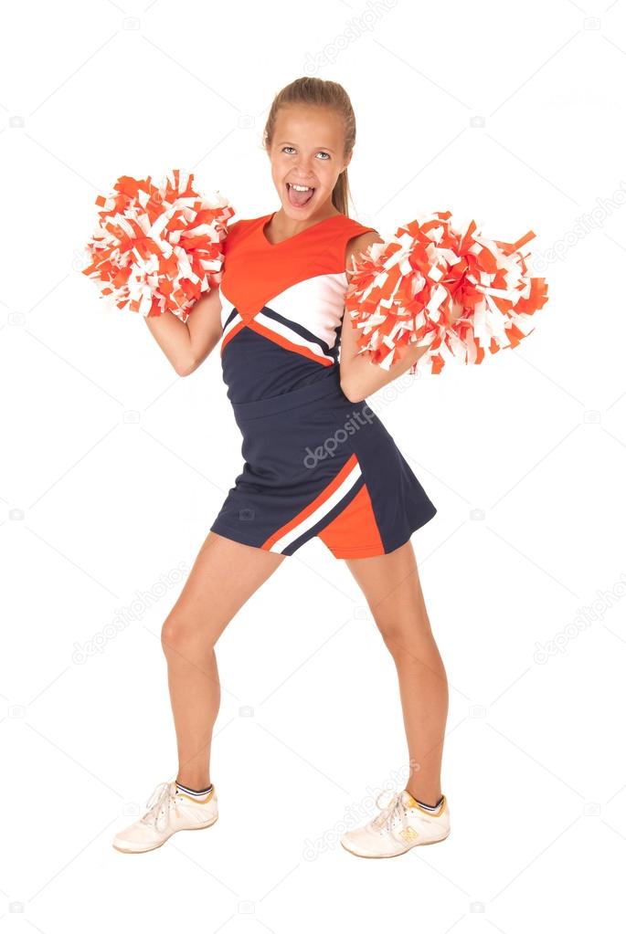 Young high school cheerleade fulling funny face with pom poms