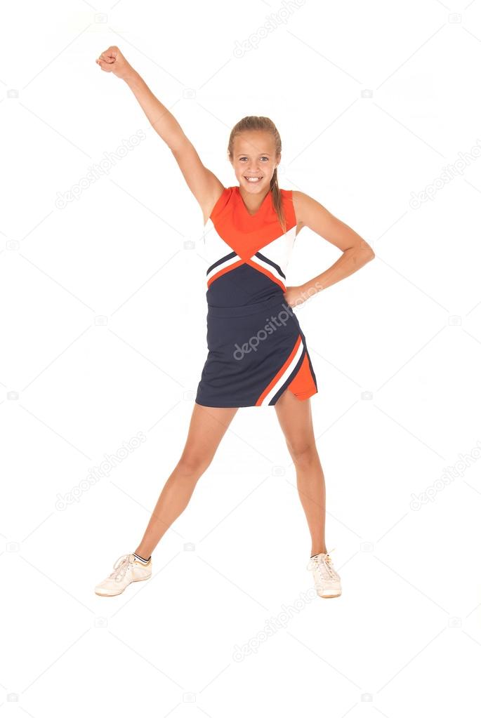 Young high school cheerleader cheering with no pom poms one hand