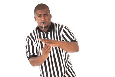 Black referee making a call of technical foul or time out clipart
