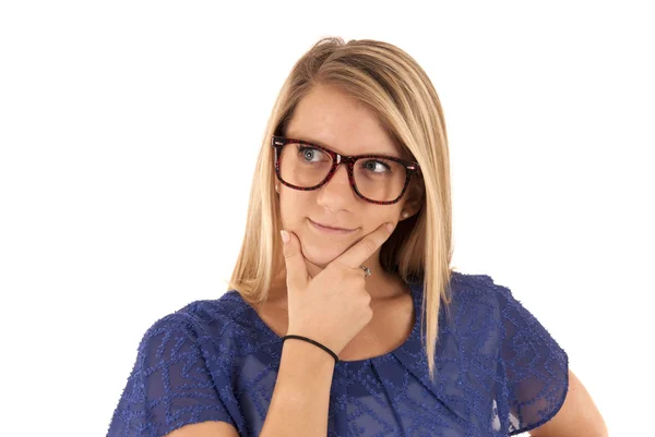 Mulher olhando pensamento inteligente em óculos castanhos — Fotografia de Stock