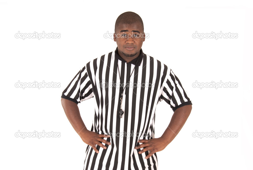 referee calling football offsides or basketball blocking foul