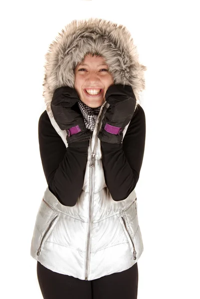 Woman in winter coat and gloves excited expression — Stock Photo, Image