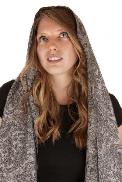 Beautiful blue eyed brunette woman in gray scarf — Stock Photo, Image