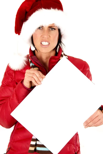 Podkreślić kobiece kobieta model przytrzymanie puste znak kapeluszu Mikołaja — Zdjęcie stockowe