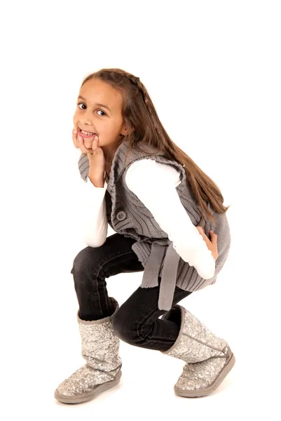 Young girl in gray sweater and sparkly boots — Stock Photo, Image