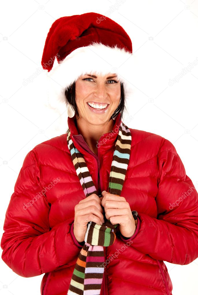 femaile model portrait wearing a santa hat smiling