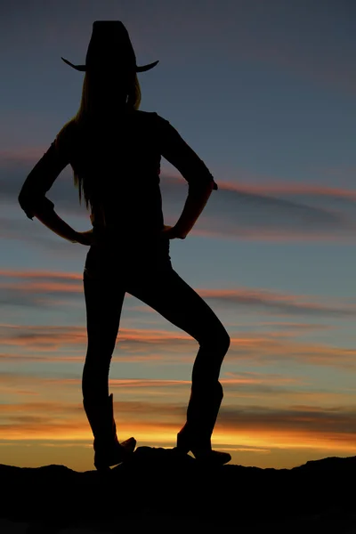 Silhouette de cowgirl surplombant une vallée au coucher du soleil — Photo