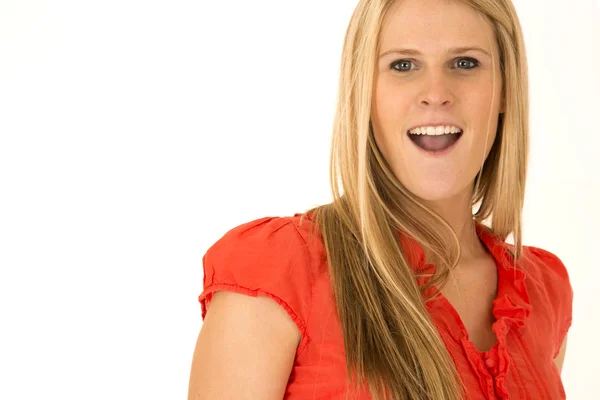 Cute blonde haired female wearing red shirt with surpirsed expre — Stock Photo, Image