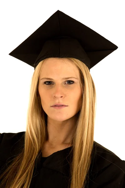 Portrét ženy vysokou školu v čepici a šaty — Stock fotografie