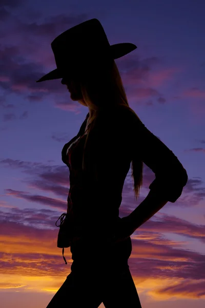 Beautirul cowgirl silhouette with her hands on her hips — Stock Photo, Image