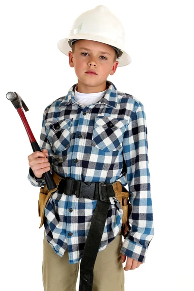华林建设安全帽和皮带的小男孩 — 图库照片