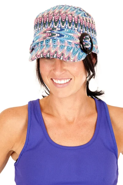 Pretty brunette wearing knit hat and purple tank top — Stock Photo, Image