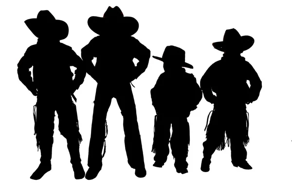 Silhouette of four young boys wearing cowboy hats and boots — Stock Photo, Image