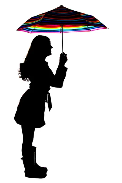 Silhouette of a woman holding a colorful umbrella — Stock Photo, Image