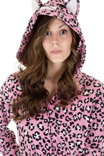 Beautiful female model wearing leopard pajamas — Stock Photo, Image
