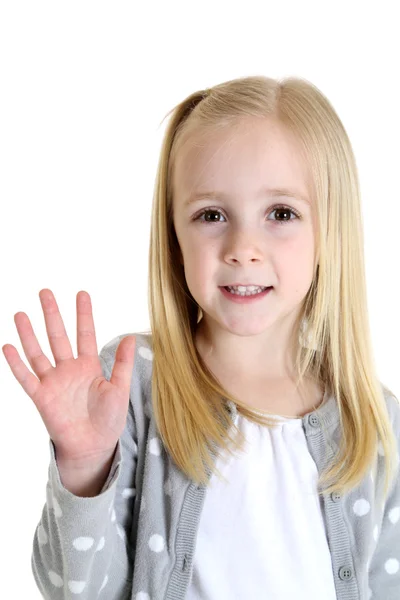 Linda menina loira com olhos castanhos com a mão para cima — Fotografia de Stock
