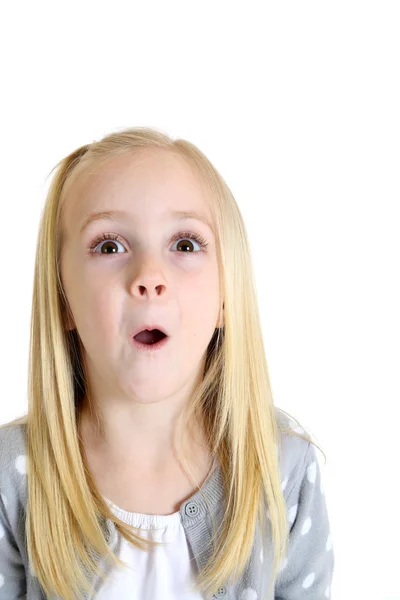 Adorable blond girl with excited or surprised expression — Stock Photo, Image