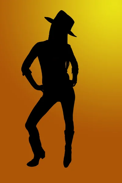Cowgirl silueta s a oranžové pozadí a slunce — Stock fotografie